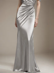 Formal Party Satin Dress Silver One-Shoulder Pleated  Floor-Length Dress
