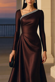 Evening Formal Burgundy Dress Asymmetrical Neck Long Sleeve Maxi Gown