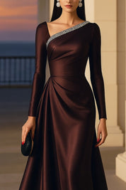Evening Formal Burgundy Dress Asymmetrical Neck Long Sleeve Maxi Gown