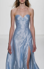 Graduation Party Spaghetti Strap Dress Blue Glossy High Slit Floor-Length Dress