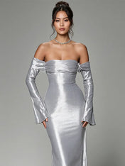 Party Dress  Silver Gray Off-the-shoulder Tulle Maxi Dress