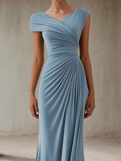 Wedding Guest Party Dress Blue V-Neck Sleeveless Asymmetric Pleated Dress