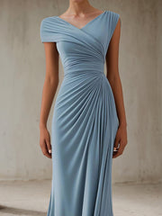 Wedding Guest Party Dress Blue V-Neck Sleeveless Asymmetric Pleated Dress
