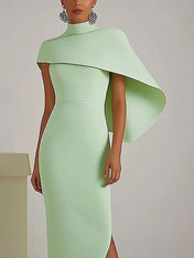 Chic Party Dress Sage Green High Neck Cape Asymmetric Maxi Dress