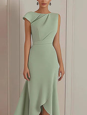 Daily Party Dress Sage Green Round Neck Asymmetric Midi Dress