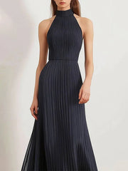 Party Daily Pleated Dress Halter Black Sleeveless Maxi Dress