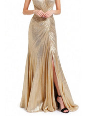 Formal Evening Gold Dress Pleated Sleeveless Metallic V-Neck Slit Floor-Length Dress