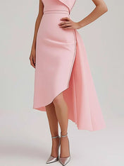 Wedding Guest Semi-Formal Dress Pink Sleeveless Bow Asymmetrical Midi Dress