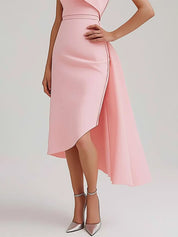 Wedding Guest Semi-Formal Dress Pink Sleeveless Bow Asymmetrical Midi Dress