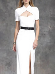 Cocktail Party Dress White Small Stand Collar Slit Floor-Length Dress