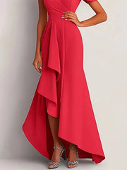 Formal Dress Red One-Shoulder Asymmetrical Floor-Length Gown
