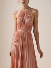 Wedding Guest Casual Dress Light Pink Halter Neck Pleated Maxi Dress