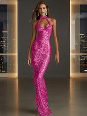 Glamorous Gold Sequin Halter Neck Mermaid Long Prom Dress