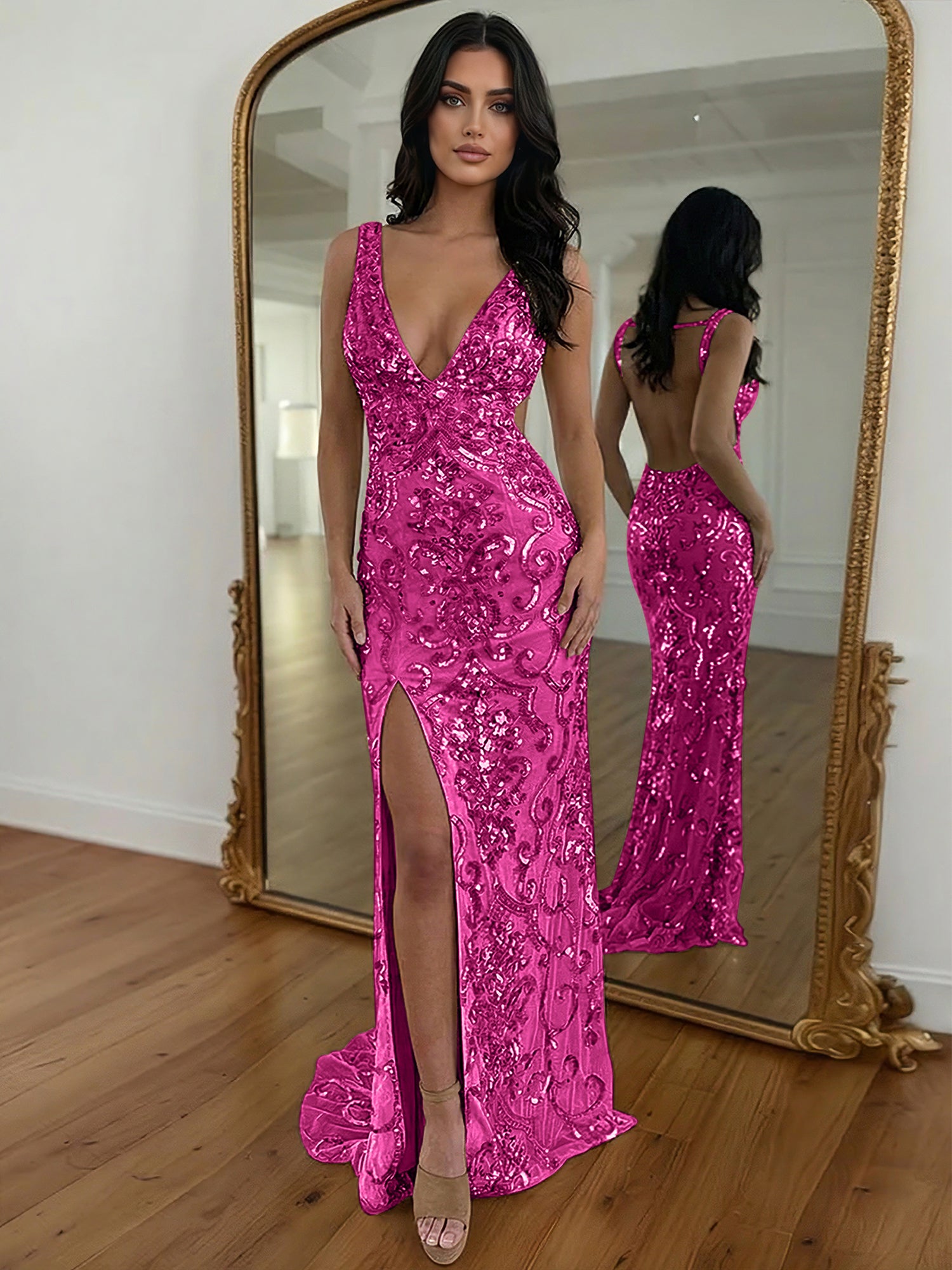 Gold Sequin V-Neck Open Back Mermaid Prom Dress with High Slit