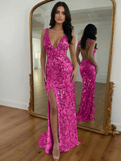 Gold Sequin V-Neck Open Back Mermaid Prom Dress with High Slit