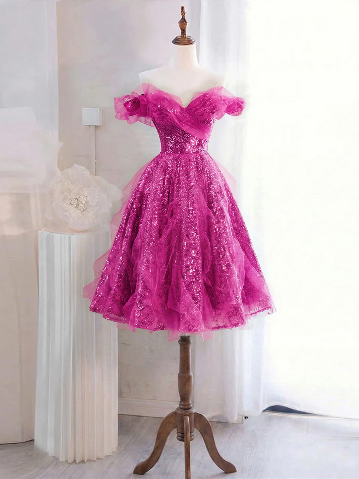 Whimsical Lavender Glitter Tulle Off-the-Shoulder Mini Homecoming Dress