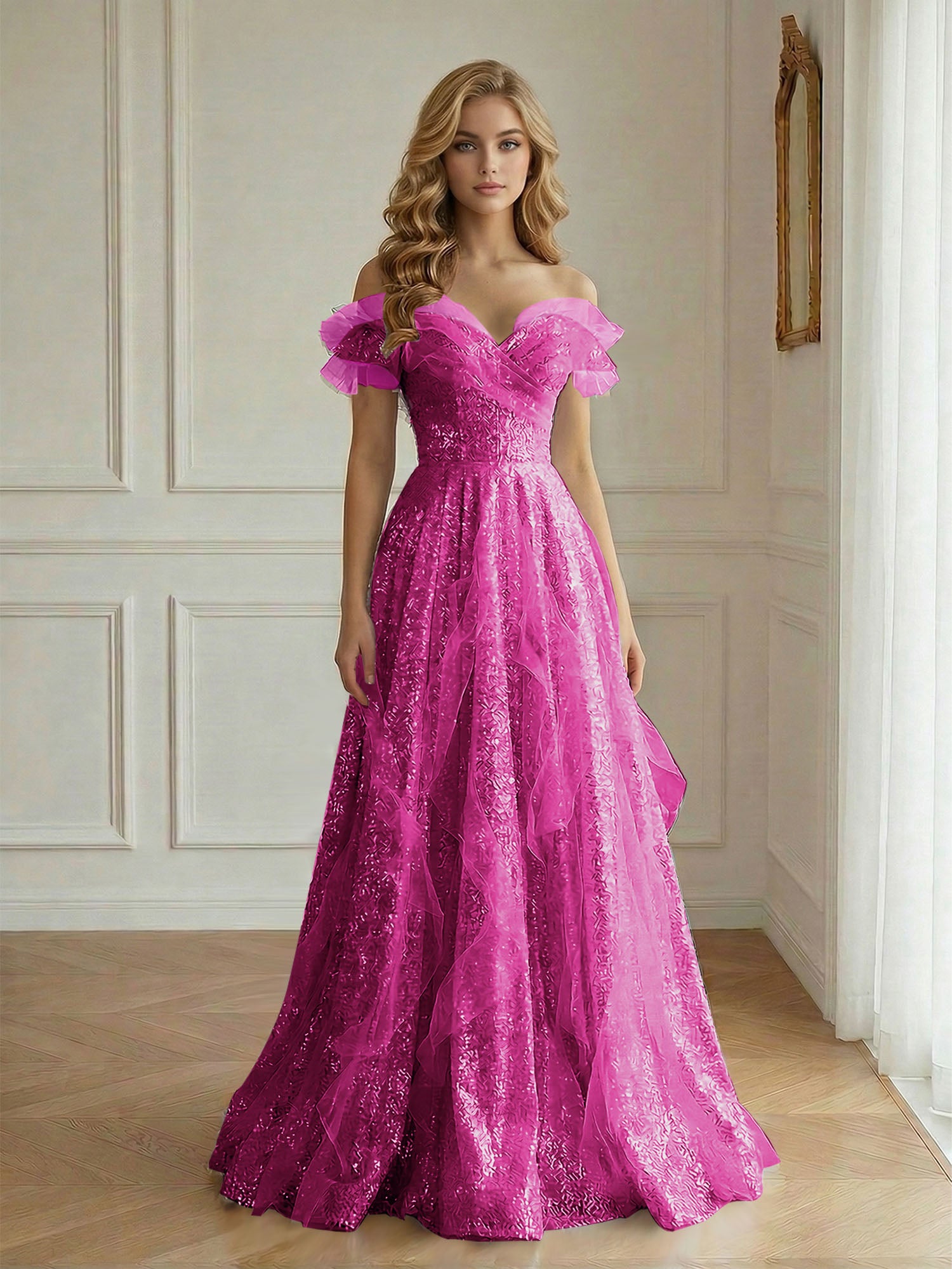 Off-the-Shoulder Sequin Tulle A-Line Gown with Ruffle Accents Prom Dress