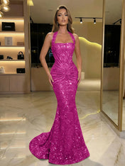 Gold Sequin Halter Mermaid Prom Dress with Ruched Waist
