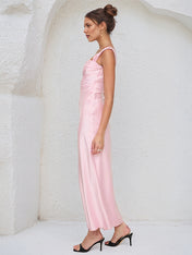 Pink Satin Asymmetrical Neckline Sleeveless Ankle Length Sheath Dress