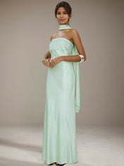 Mint Green Satin Halter Neck Sleeveless Floor Length Formal Dress