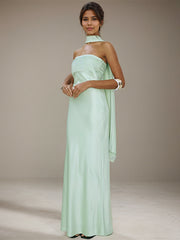 Mint Green Satin Halter Neck Sleeveless Floor Length Formal Dress