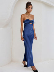 Royal Blue Satin Sweetheart Neckline Sleeveless Open Back Ankle Length Sheath Dress