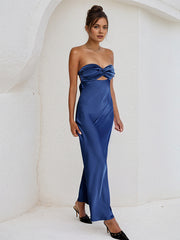 Royal Blue Satin Sweetheart Neckline Sleeveless Open Back Ankle Length Sheath Dress
