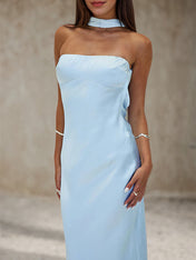 Sky Blue Satin Halter Neck Sleeveless Floor Length Formal Dress
