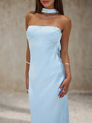 Sky Blue Satin Halter Neck Sleeveless Floor Length Formal Dress