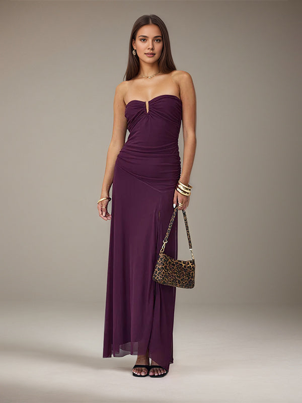 Grape Chiffon Off the Shoulder Sleeveless Asymmetrical Length Dress with High Slit