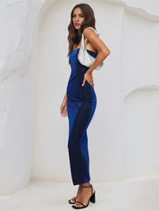 Navy Blue Satin Off the Shoulder Sleeveless Ankle Length Sheath Dress