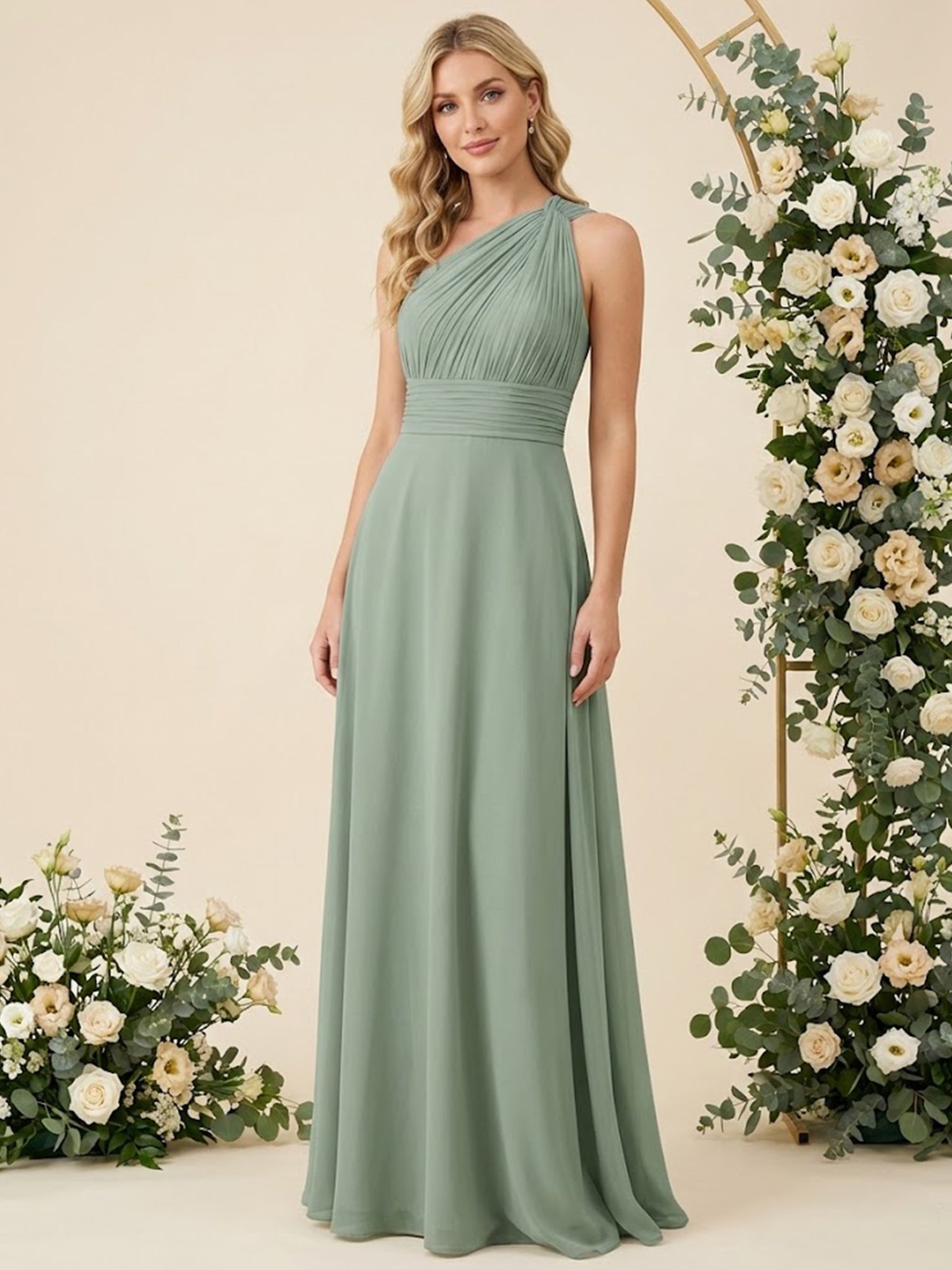 One Shoulder Pleat Chiffon A Line Long Bridesmaid Dresses for Women