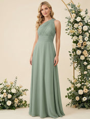 One Shoulder Pleat Chiffon A Line Long Bridesmaid Dresses for Women