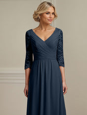 Dark Navy A-line V-Neck Floor-Length Lace Chiffon Mother of the Bride Dress With Pleated