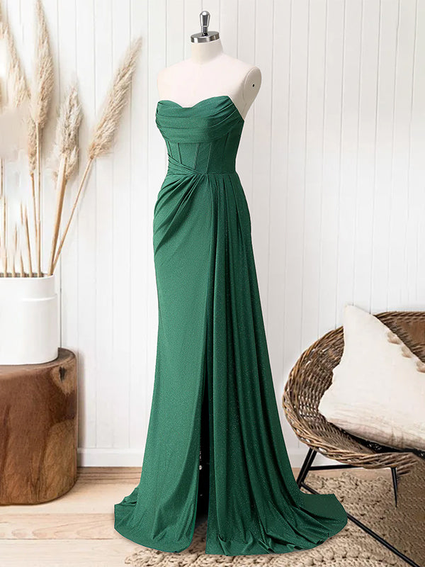 Glitter Royal Blue Strapless Mermaid Long Prom Dress with Slit