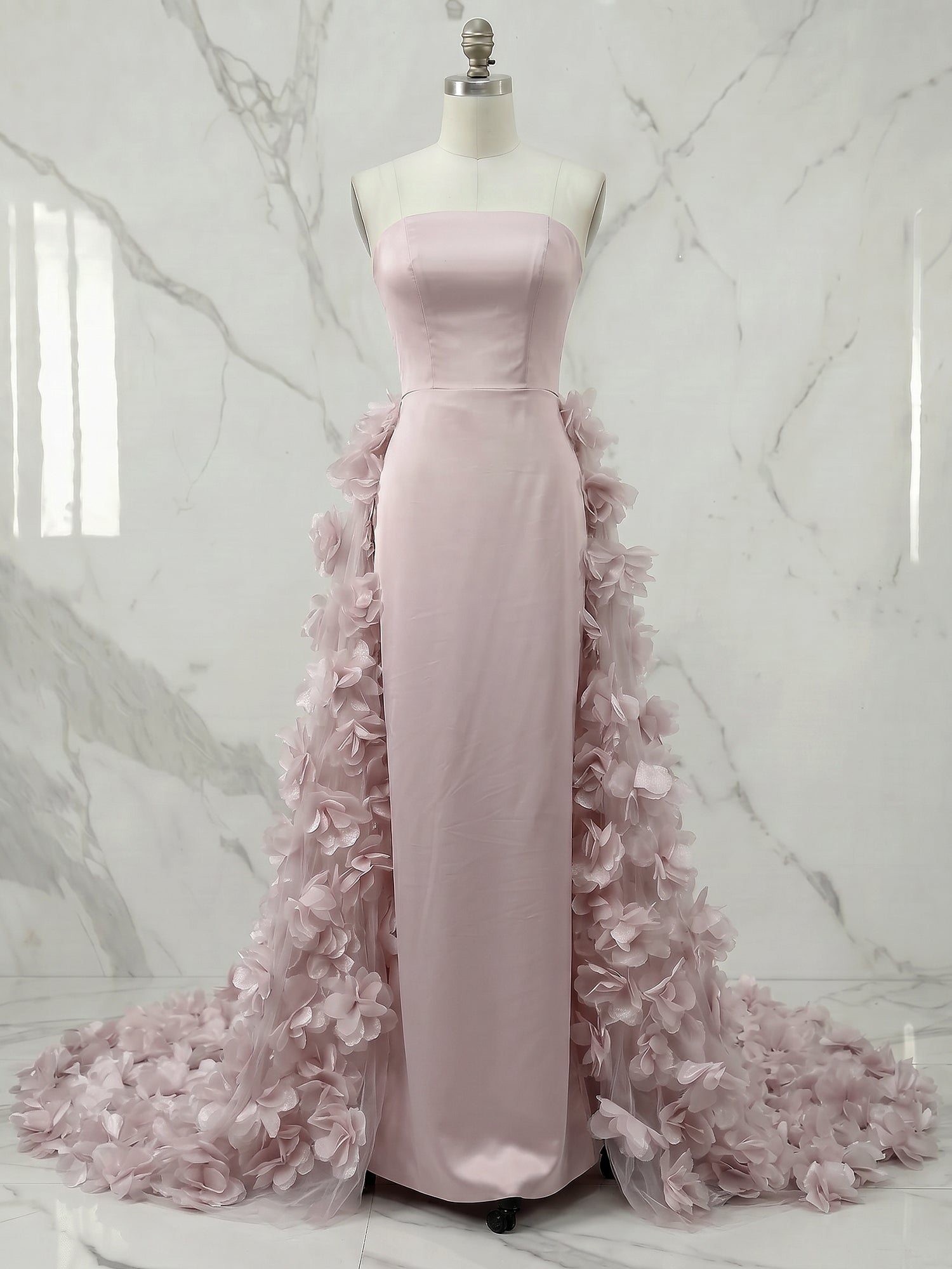 Cinematic Crimson Red Strapless Formal Evening Gown with 3D Ruffled Train