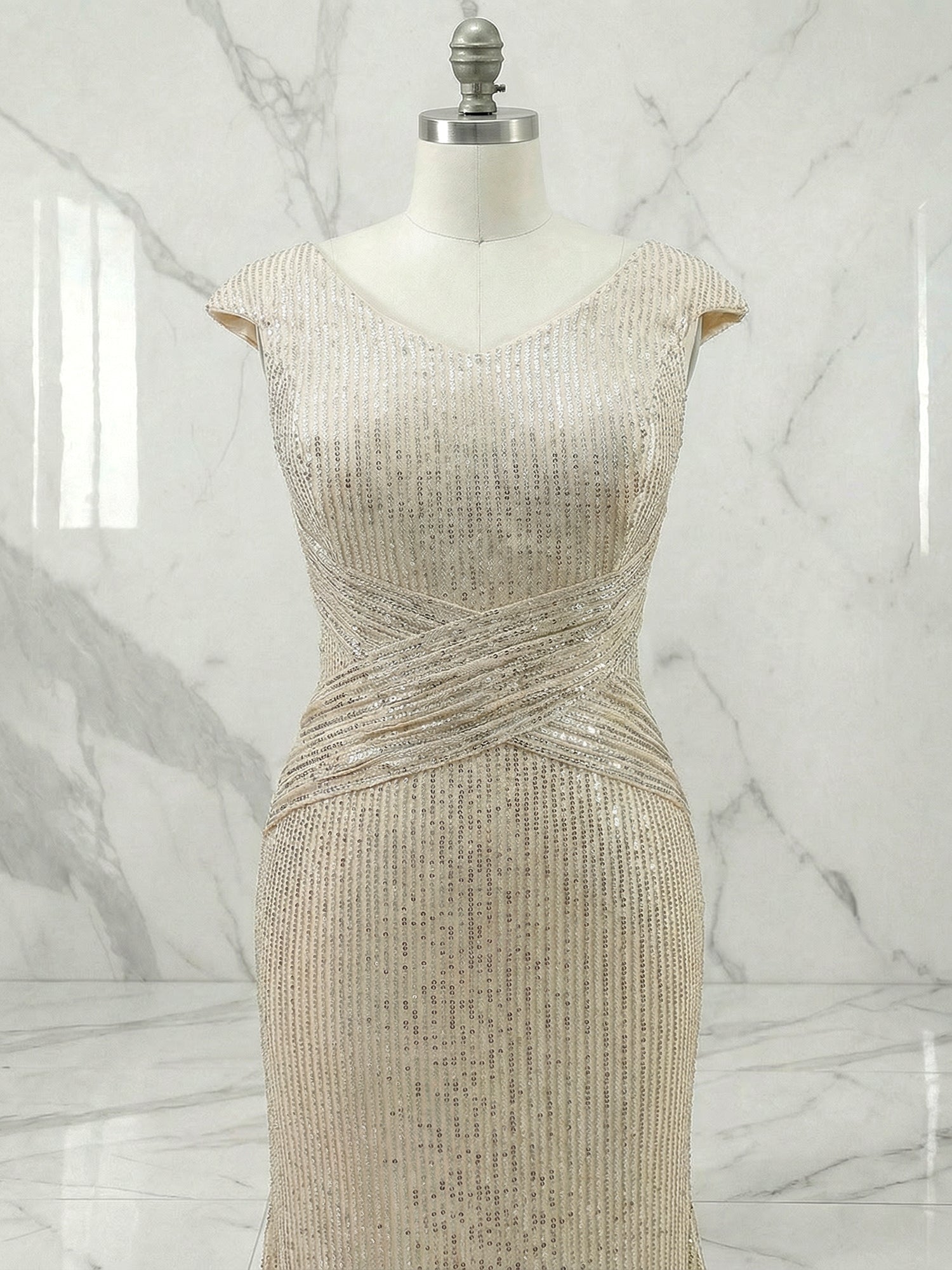 Golden Champagne Sequin Sleeveless Long A-line Gown Evening Dress