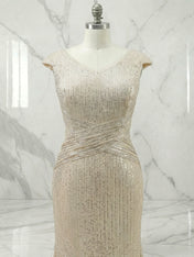 Golden Champagne Sequin Sleeveless Long A-line Gown Evening Dress