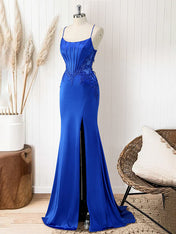 Red Mermaid Corset Spaghetti Straps Long Prom Dress with Appliques