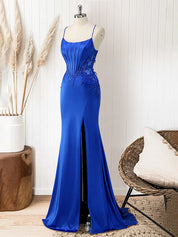 Red Mermaid Corset Spaghetti Straps Long Prom Dress with Appliques