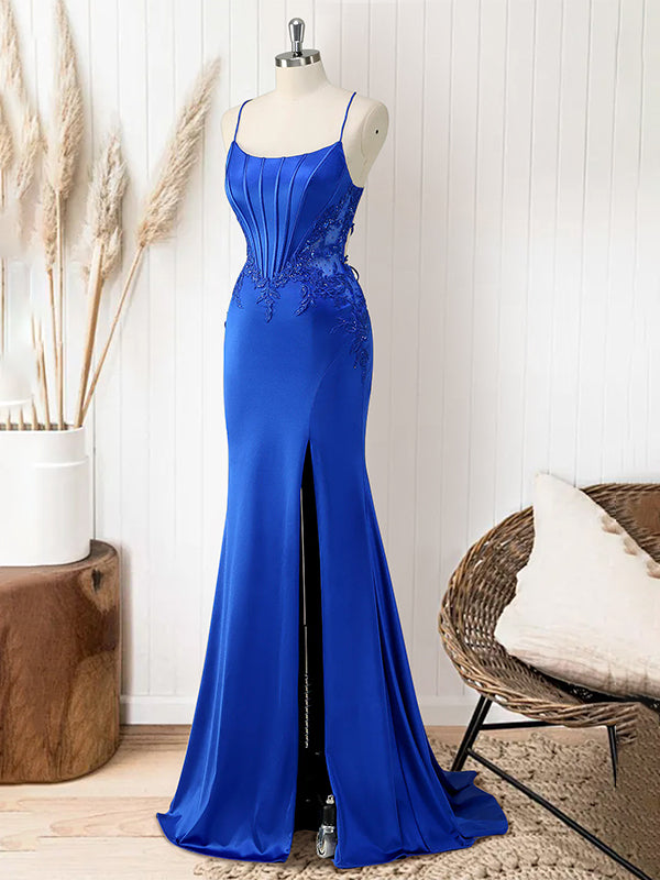 Red Mermaid Corset Spaghetti Straps Long Prom Dress with Appliques