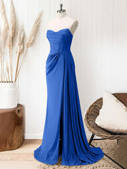 Glitter Royal Blue Strapless Mermaid Long Prom Dress with Slit