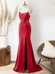Red Mermaid Corset Spaghetti Straps Long Prom Dress with Appliques