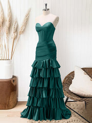 Green Mermaid Strapless Corset Tiered Long Prom Dress