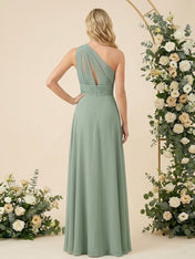 One Shoulder Pleat Chiffon A Line Long Bridesmaid Dresses for Women