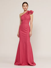 Rose Pink Sheath One-Shoulder Chiffon Long Formal Dresses
