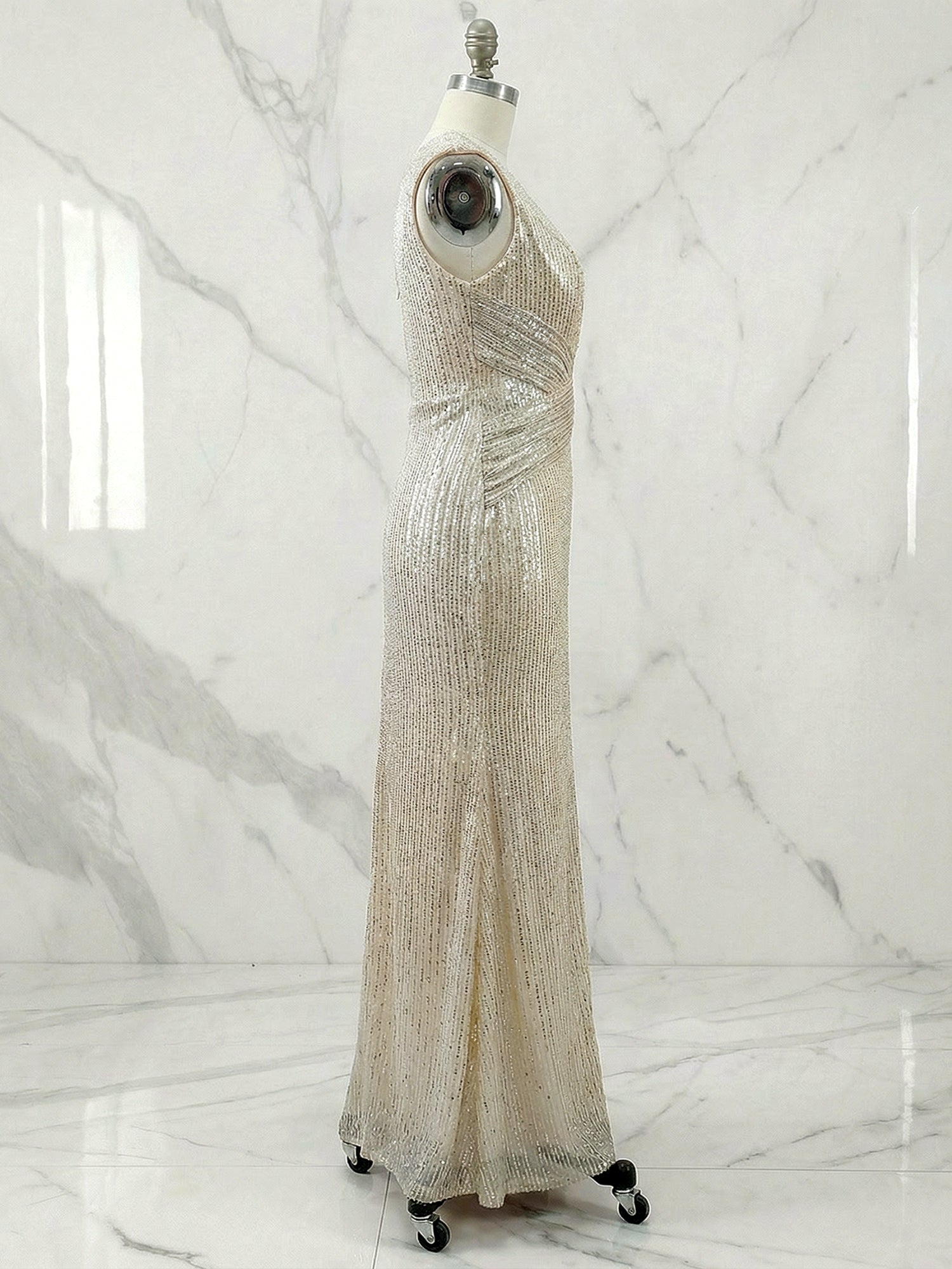 Golden Champagne Sequin Sleeveless Long A-line Gown Evening Dress