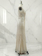Golden Champagne Sequin Sleeveless Long A-line Gown Evening Dress