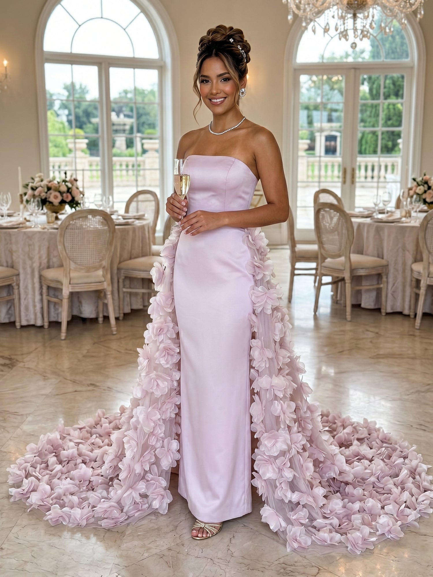 Cinematic Crimson Red Strapless Formal Evening Gown with 3D Ruffled Train