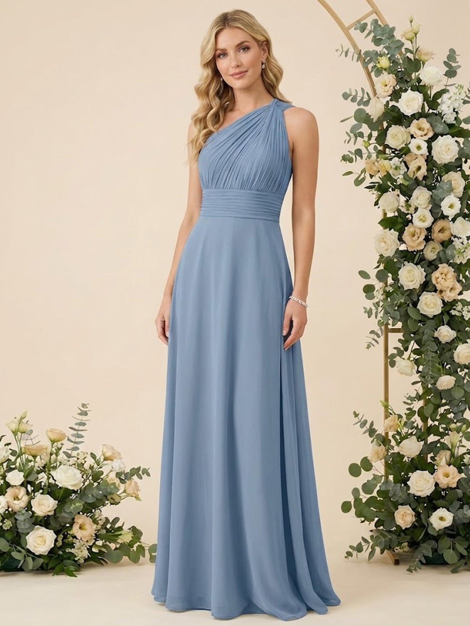 One Shoulder Pleat Chiffon A Line Long Bridesmaid Dresses for Women